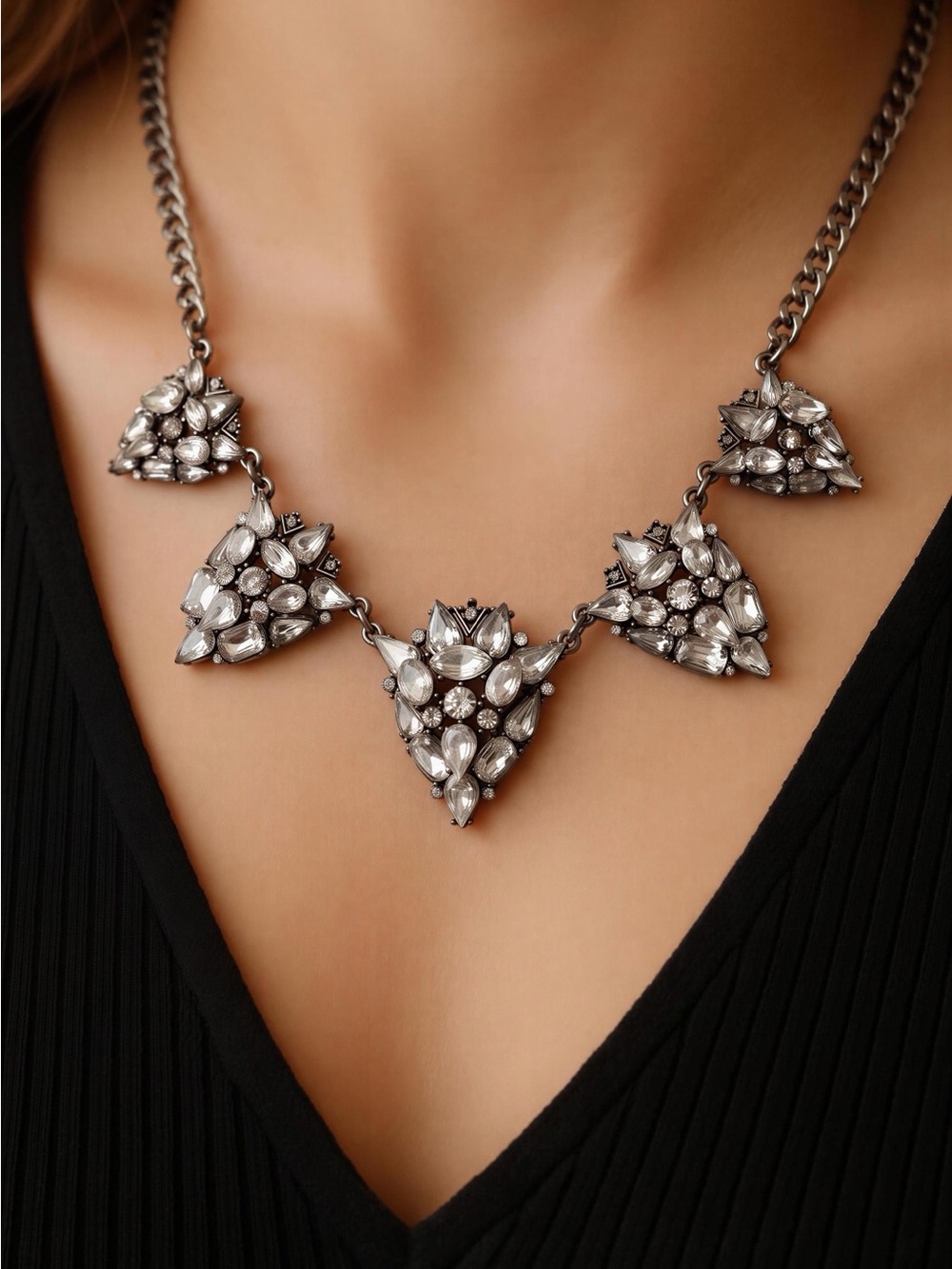 Gunmetal Chunky Tone Crystal Statement Necklace 18” + 3” Extender Cuban Link